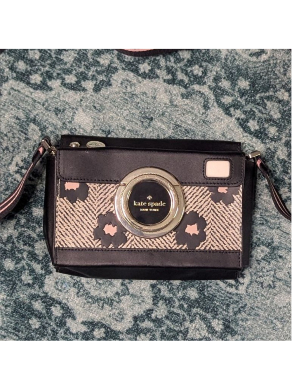 Kate Spade Oh Snap Camera Crossbody Bag Herringbone Floral Black Multi
